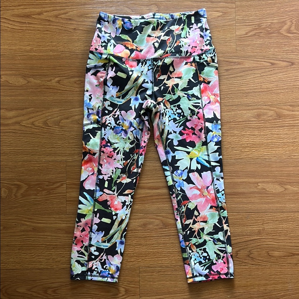 RBX Black and Pink Floral Leggings with Wide Waistband